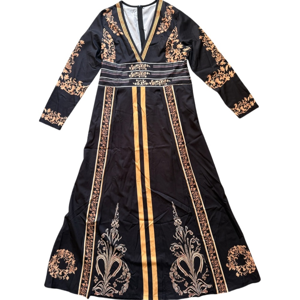 Source Unknown Black and Gold Long Sleeve V-Neck Maxi Dress